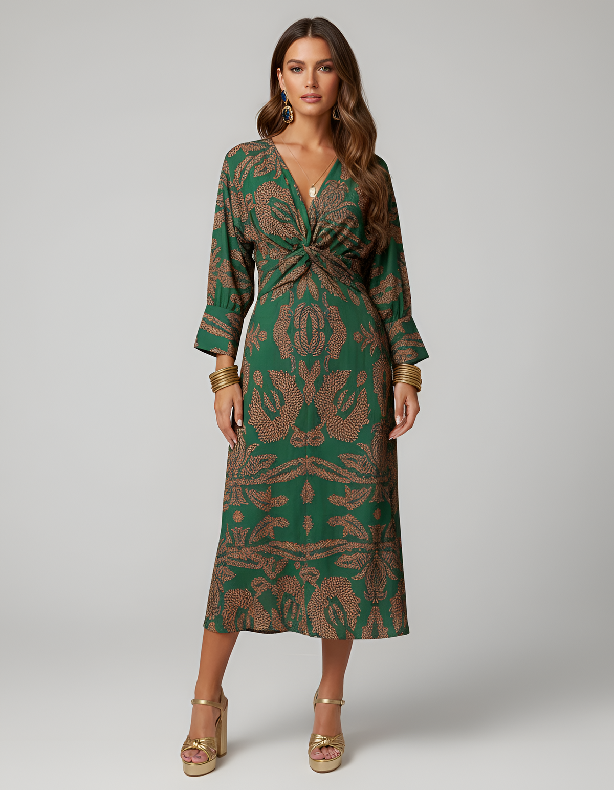 Abito midi donna con scollo a V, maniche lunghe e nodo frontale