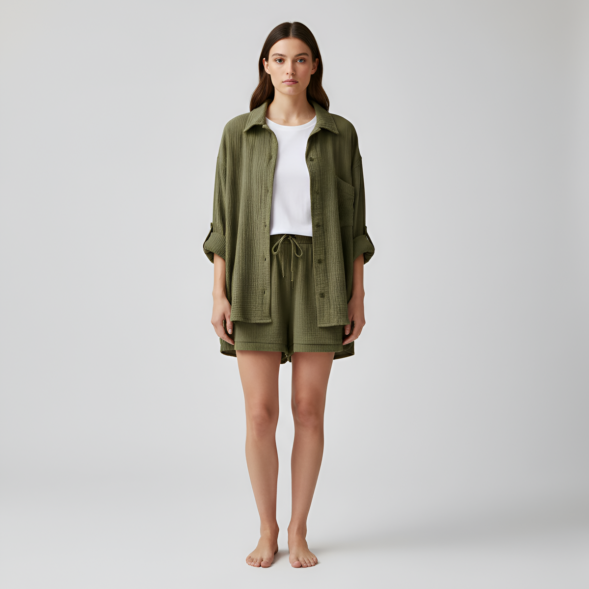Completo donna camicia e shorts in cotone leggero con vita elasticizzata