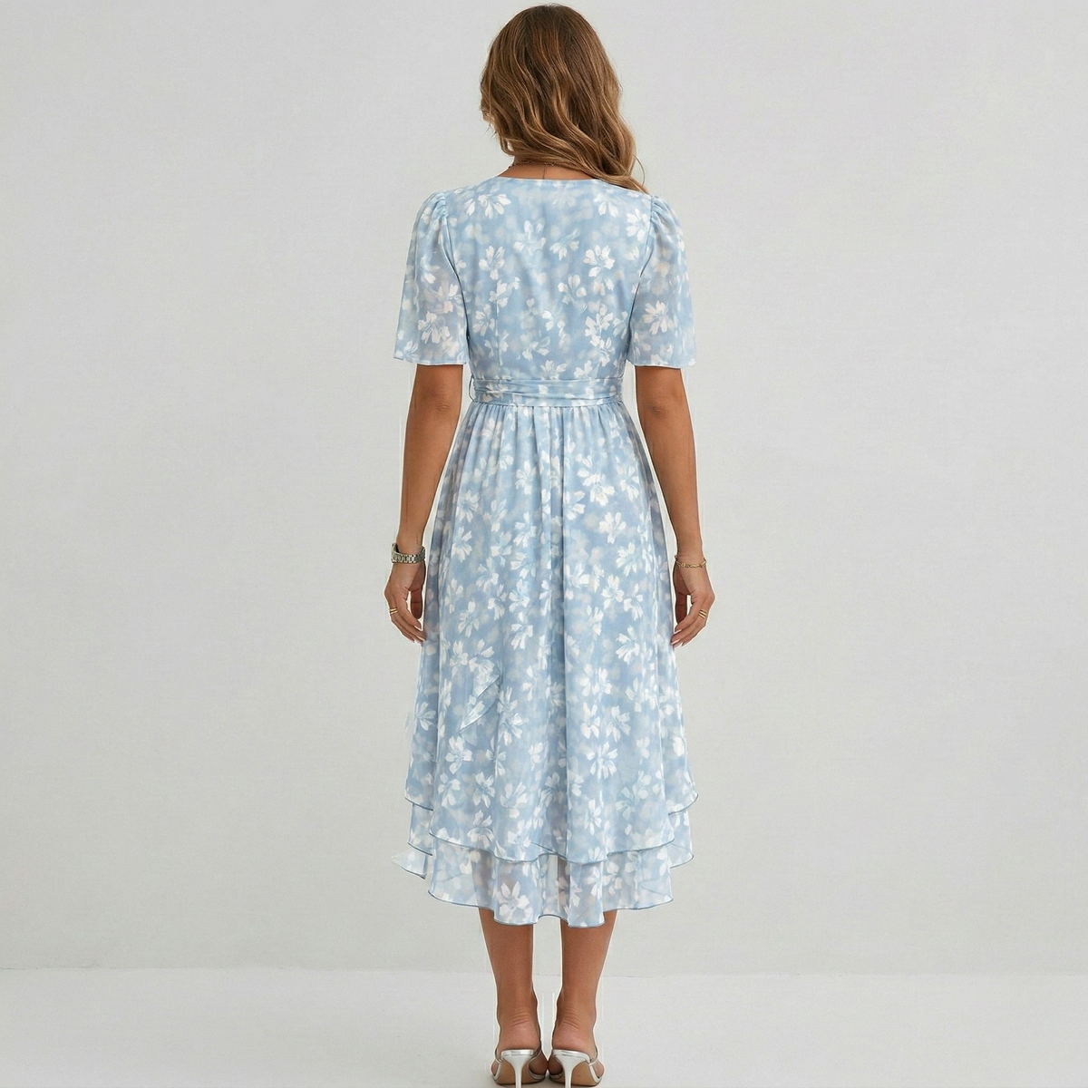 Vestito donna midi floreale scollo a V manica corta abito estivo elegante