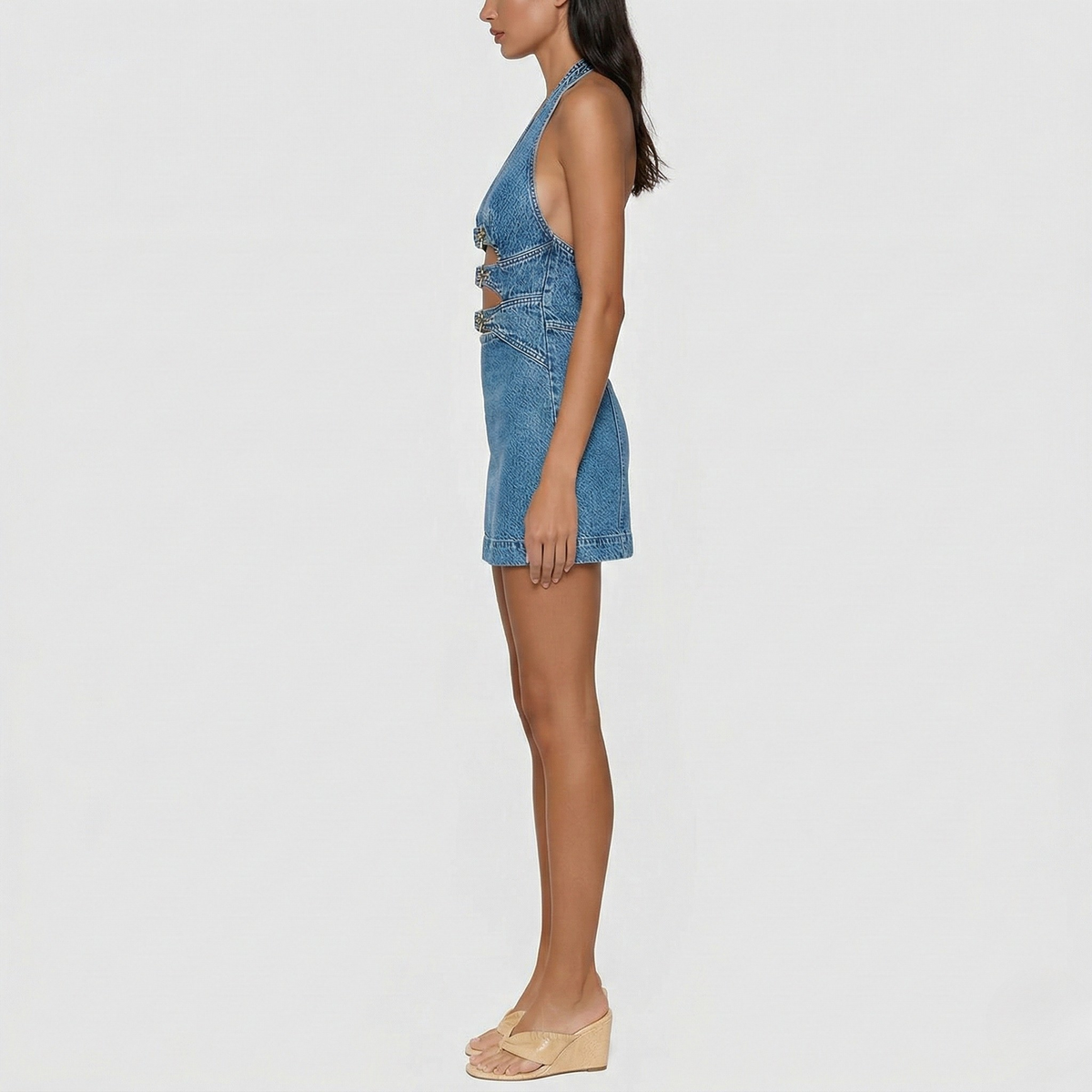 Vestito donna mini in denim con scollo all’americana e cut-out frontale