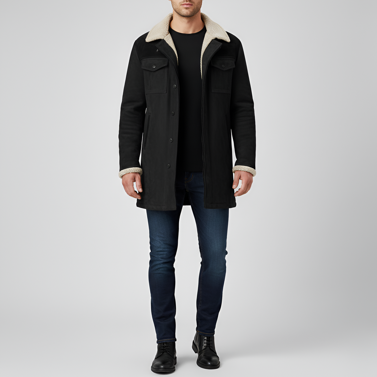 Valerios Fashion giacca uomo foderata in pile con colletto shearling e bottoni