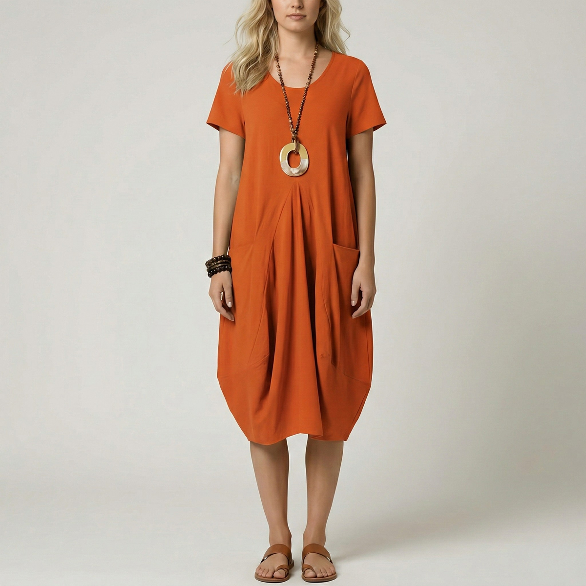 Vestito donna midi manica corta con tasche e scollo a V casual