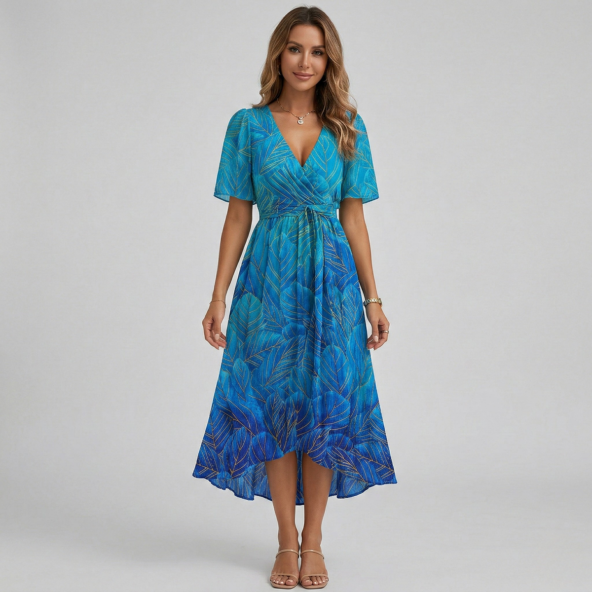 Vestito donna midi floreale scollo a V manica corta abito estivo elegante