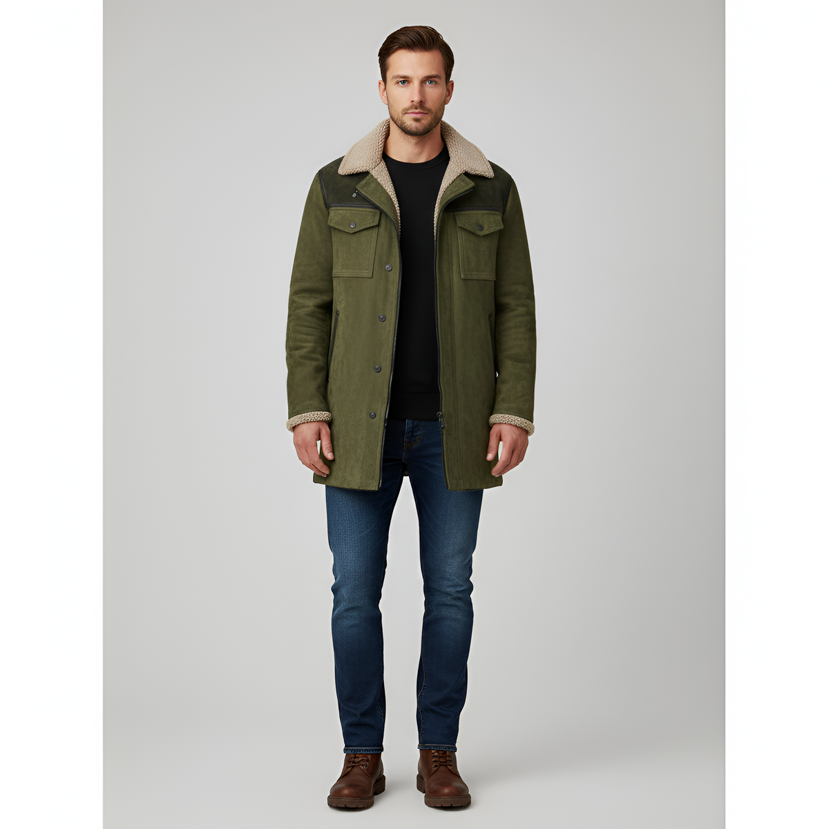 Valerios Fashion giacca uomo foderata in pile con colletto shearling e bottoni