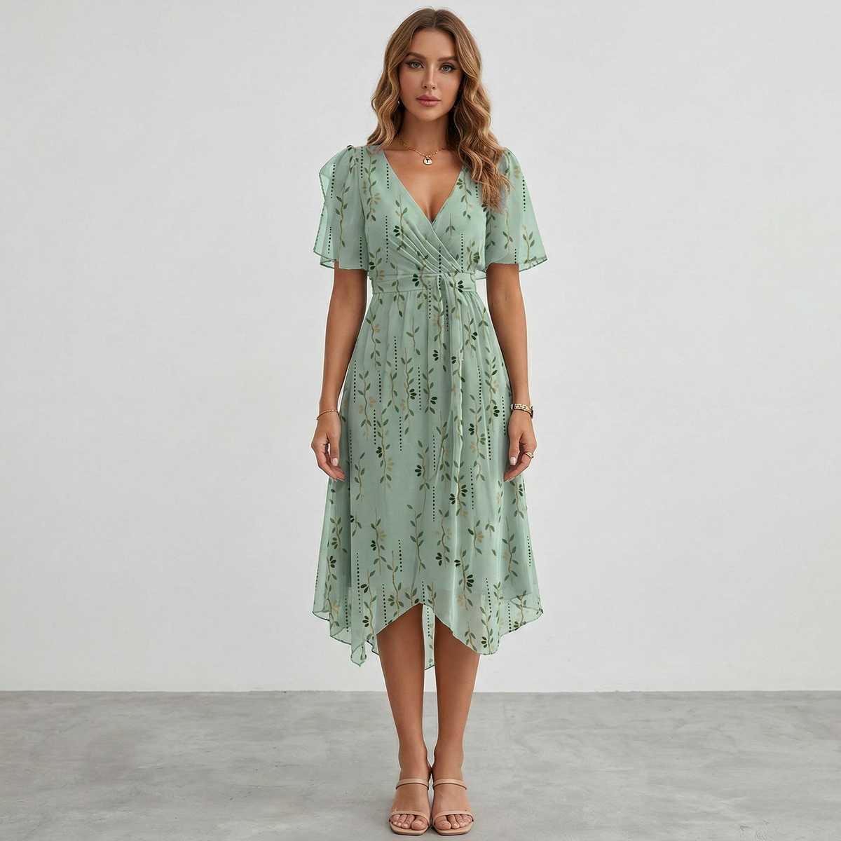 Vestito donna midi floreale scollo a V manica corta abito estivo elegante