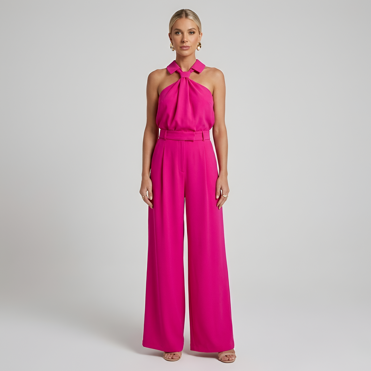 Tuta Elegante Donna con Pantaloni Palazzo e Top Halter Collo Alto