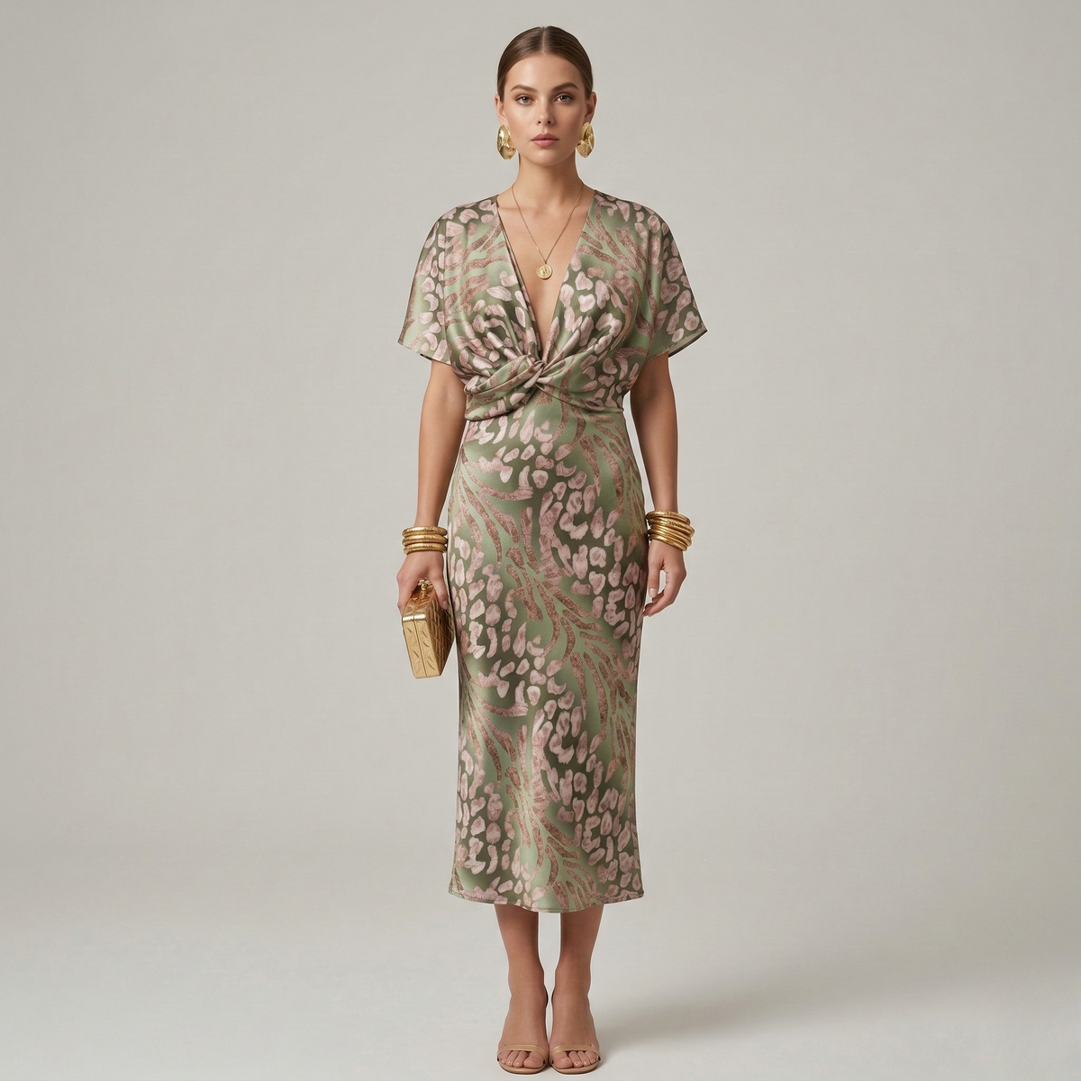 Vestito Donna Elegante Stampato con Scollo a V e Nodo Frontale Manica Corta