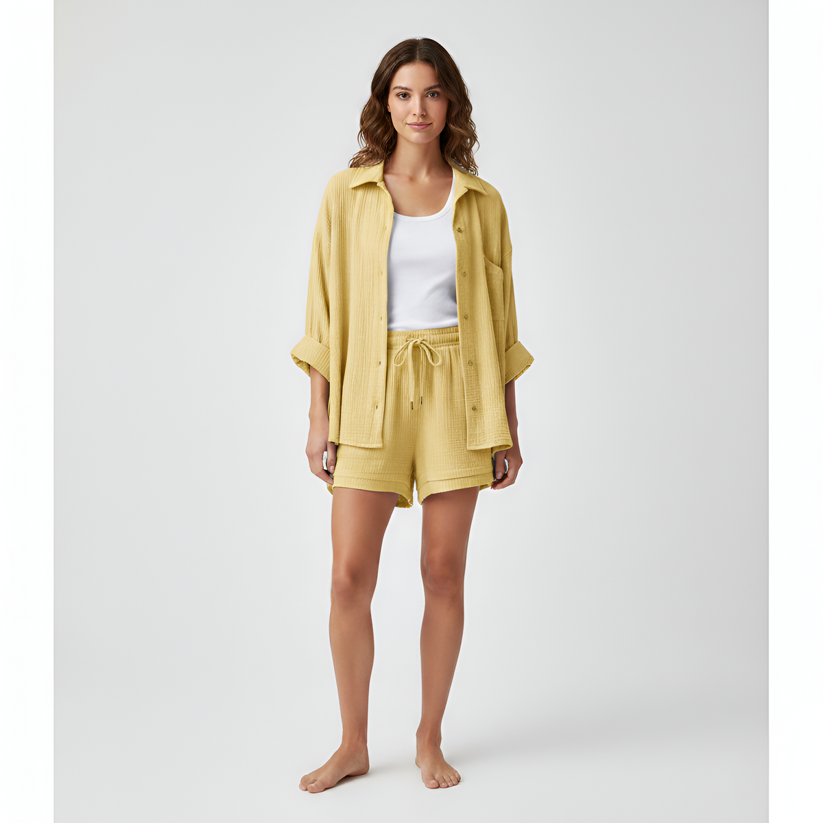 Completo donna camicia e shorts in cotone leggero con vita elasticizzata