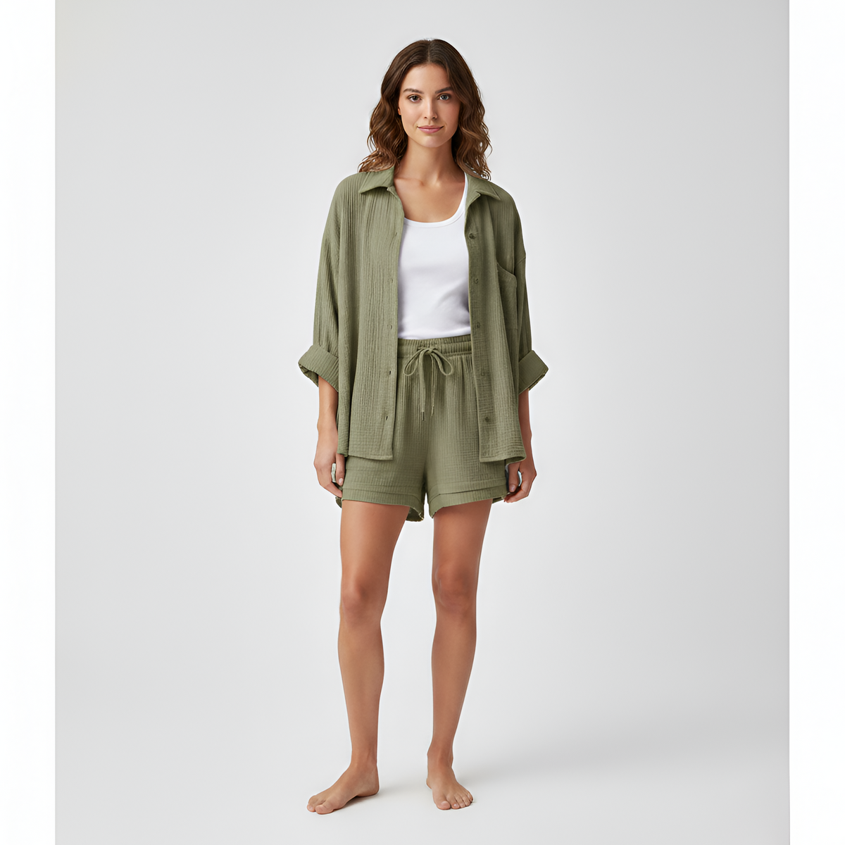 Completo donna camicia e shorts in cotone leggero con vita elasticizzata