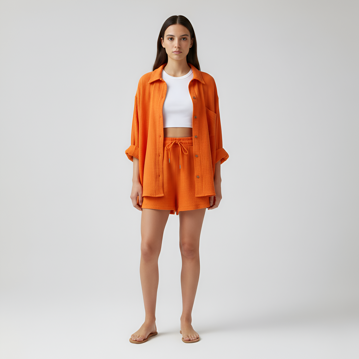 Completo donna camicia e shorts in cotone leggero con vita elasticizzata