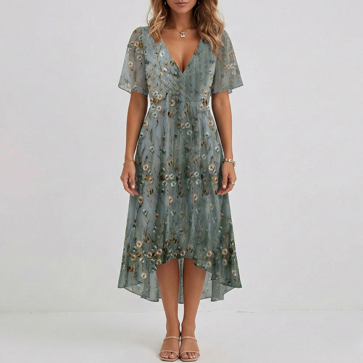 Vestito donna midi floreale scollo a V manica corta abito estivo elegante