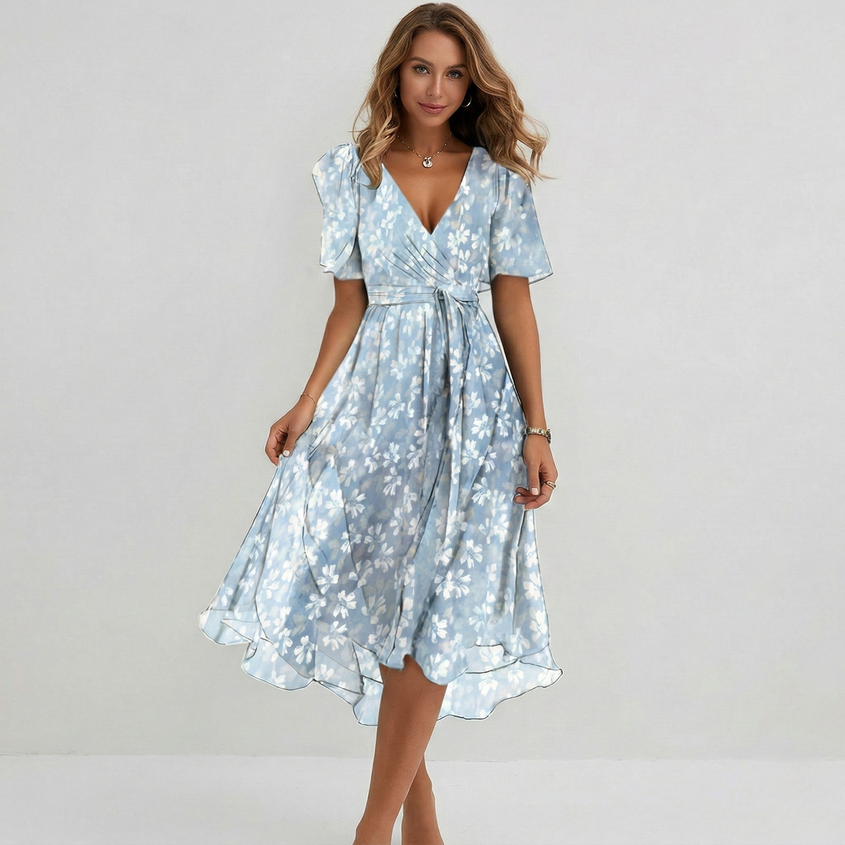 Vestito donna midi floreale scollo a V manica corta abito estivo elegante