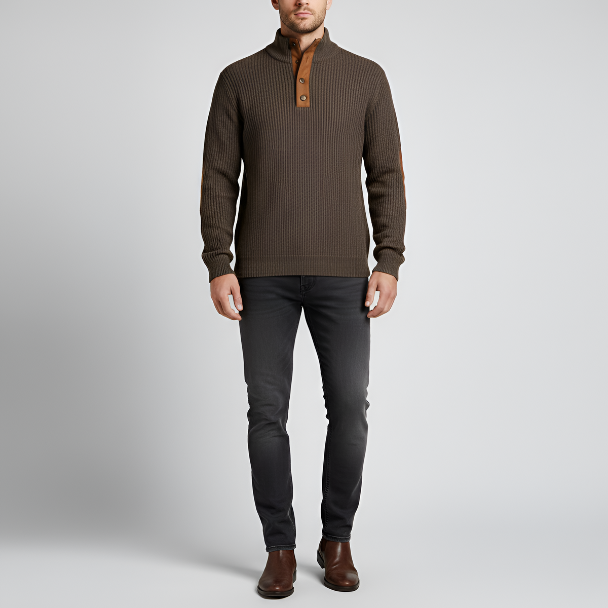 Valerios Fashion maglione dolcevita uomo a coste con toppe ai gomiti