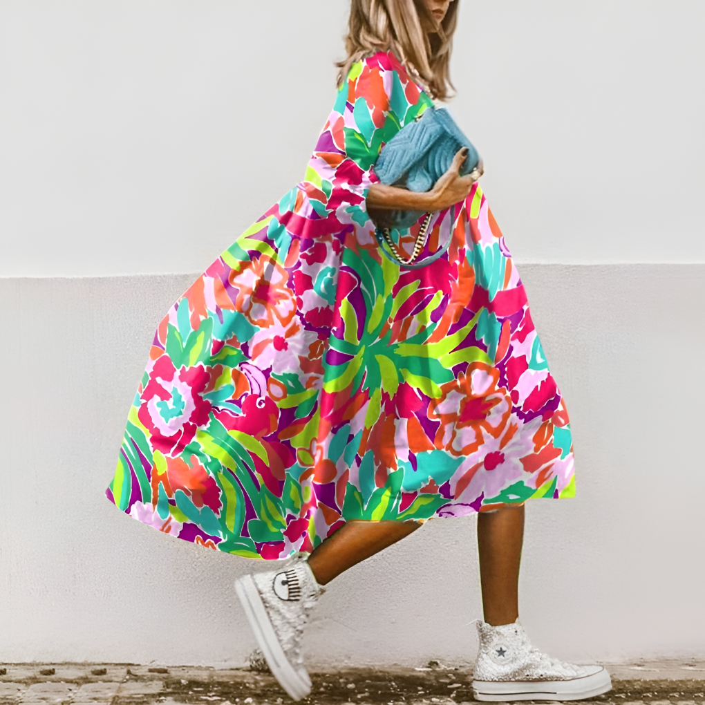 Abito Midi a Camicia Oversize con Stampa Floreale