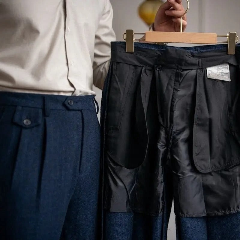 Elegante Pantalone Uomo Vita Alta Doppia Piega Gamba Dritta
