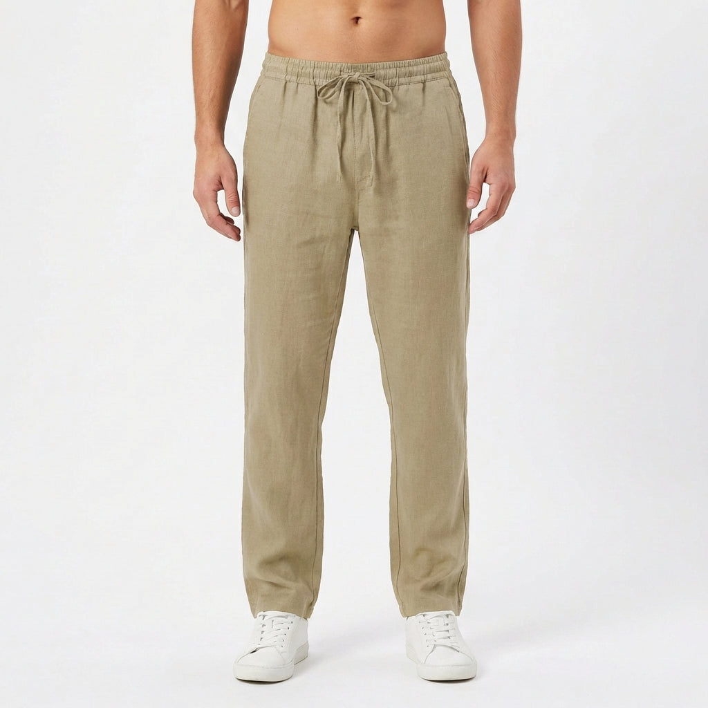 Pantaloni in lino da uomo con vita elastica e gamba dritta
