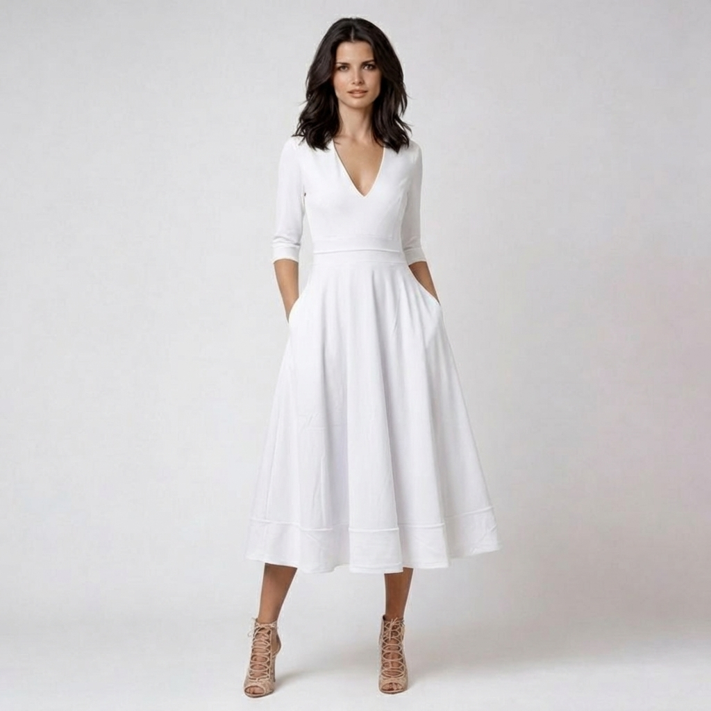 Abito Midi Bianco da Donna con Scollo a V Profondo e Maniche a 3/4 | Elegante