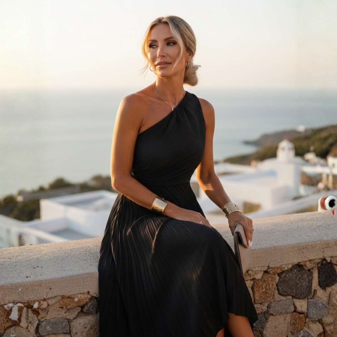 Vestito Midi da Invitata a Nozze Asimmetrico Monospalla Plissettato