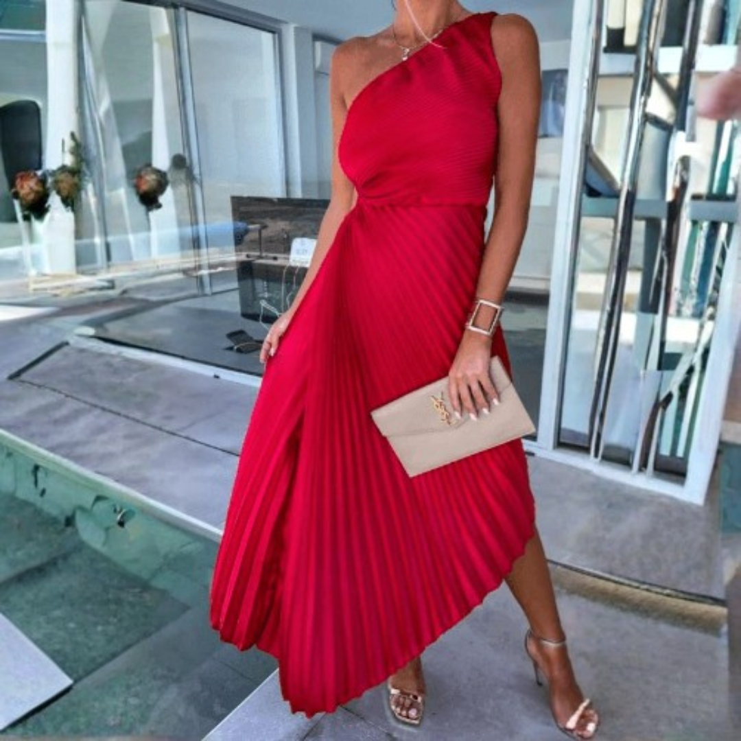 Vestito Midi da Invitata a Nozze Asimmetrico Monospalla Plissettato