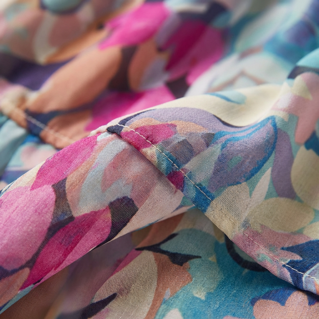 Abito Midi Stampato da Donna con Scollo a V, Maniche a 3/4 e Vita Arricciata