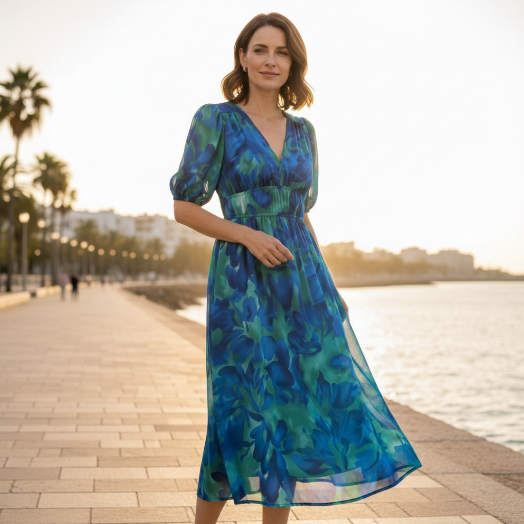 Abito Midi Stampato da Donna con Scollo a V, Maniche a 3/4 e Vita Arricciata