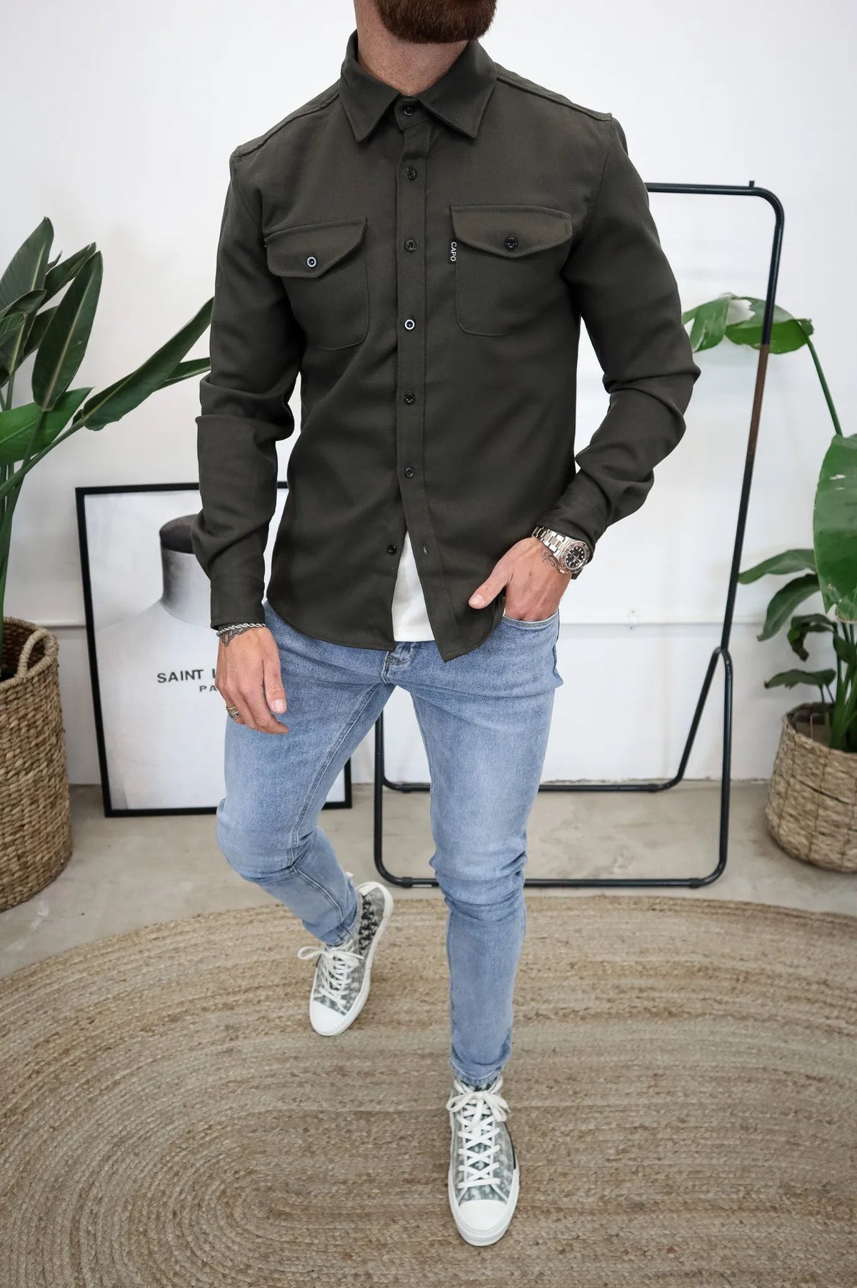 OverShirt - Herren Button-Up Langarm Shirt Jacke mit Brusttaschen-Armeegrün-S-Chaps Herrenmode
