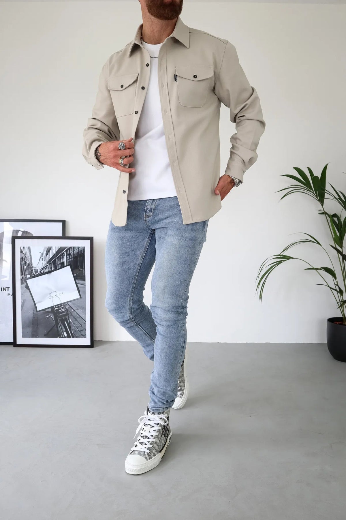 OverShirt - Herren Button-Up Langarm Shirt Jacke mit Brusttaschen-Beige-S-Chaps Herrenmode