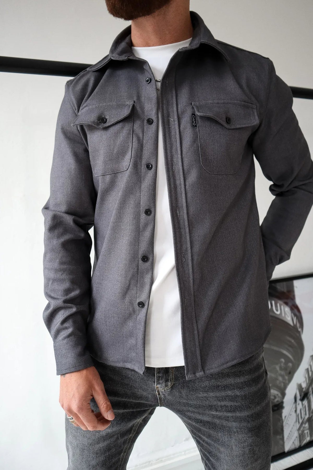 OverShirt - Herren Button-Up Langarm Shirt Jacke mit Brusttaschen-Dunkelgrau-S-Chaps Herrenmode