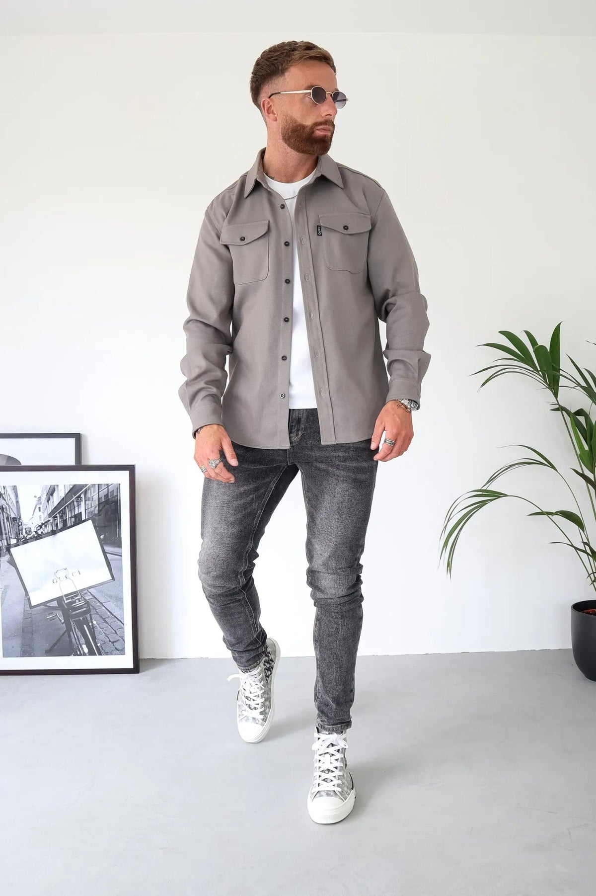 OverShirt - Herren Button-Up Langarm Shirt Jacke mit Brusttaschen-Grau-S-Chaps Herrenmode