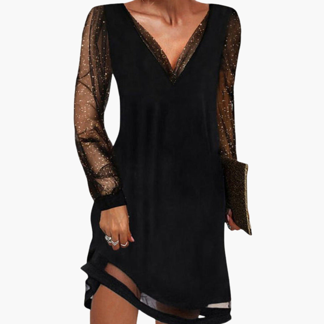 Abito da cocktail glamour con maniche di paillettes e scollatura profonda