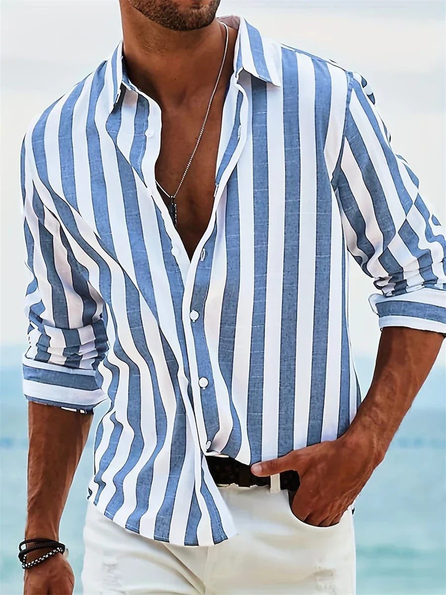 Camicia Estiva da Uomo James – Camicia a Righe Azzurre in Misto Lino e Cotone