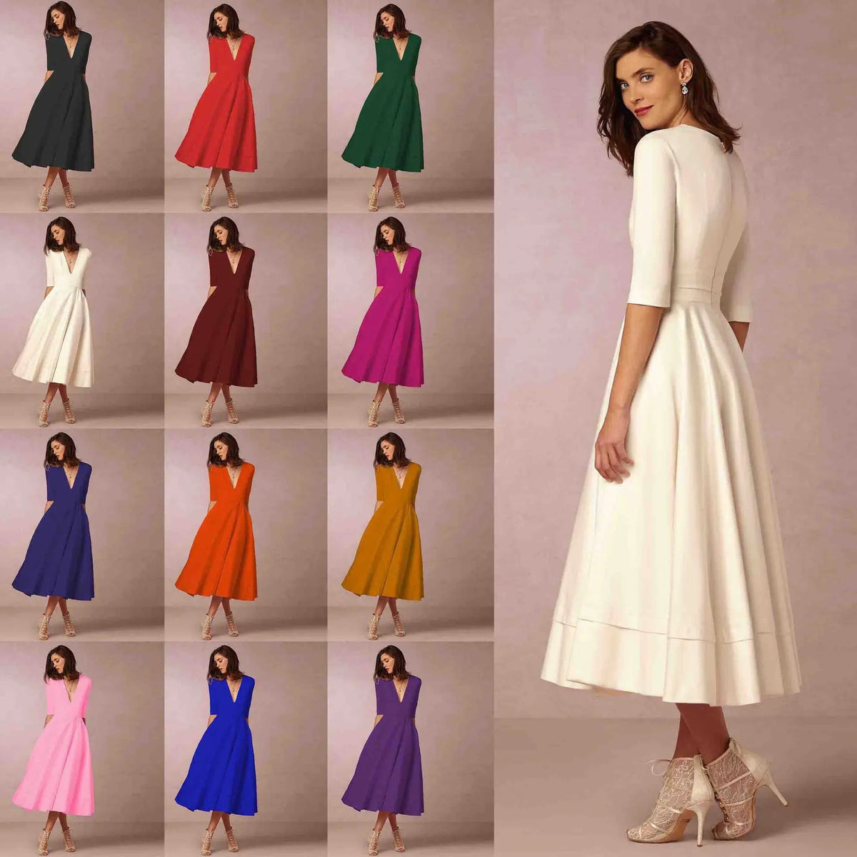 Vestito midi con scollo a V e maniche al gomito da donna