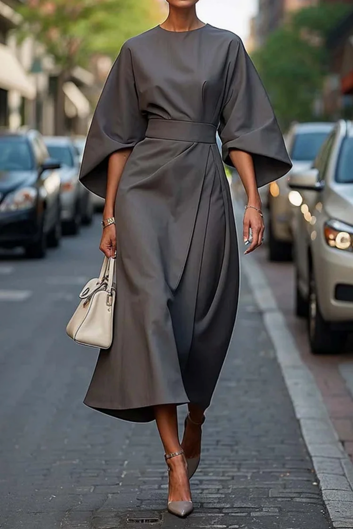 Louise Abito Elegante da Donna – Design Femminile con Maniche a Lanterna e Vita Regolabile