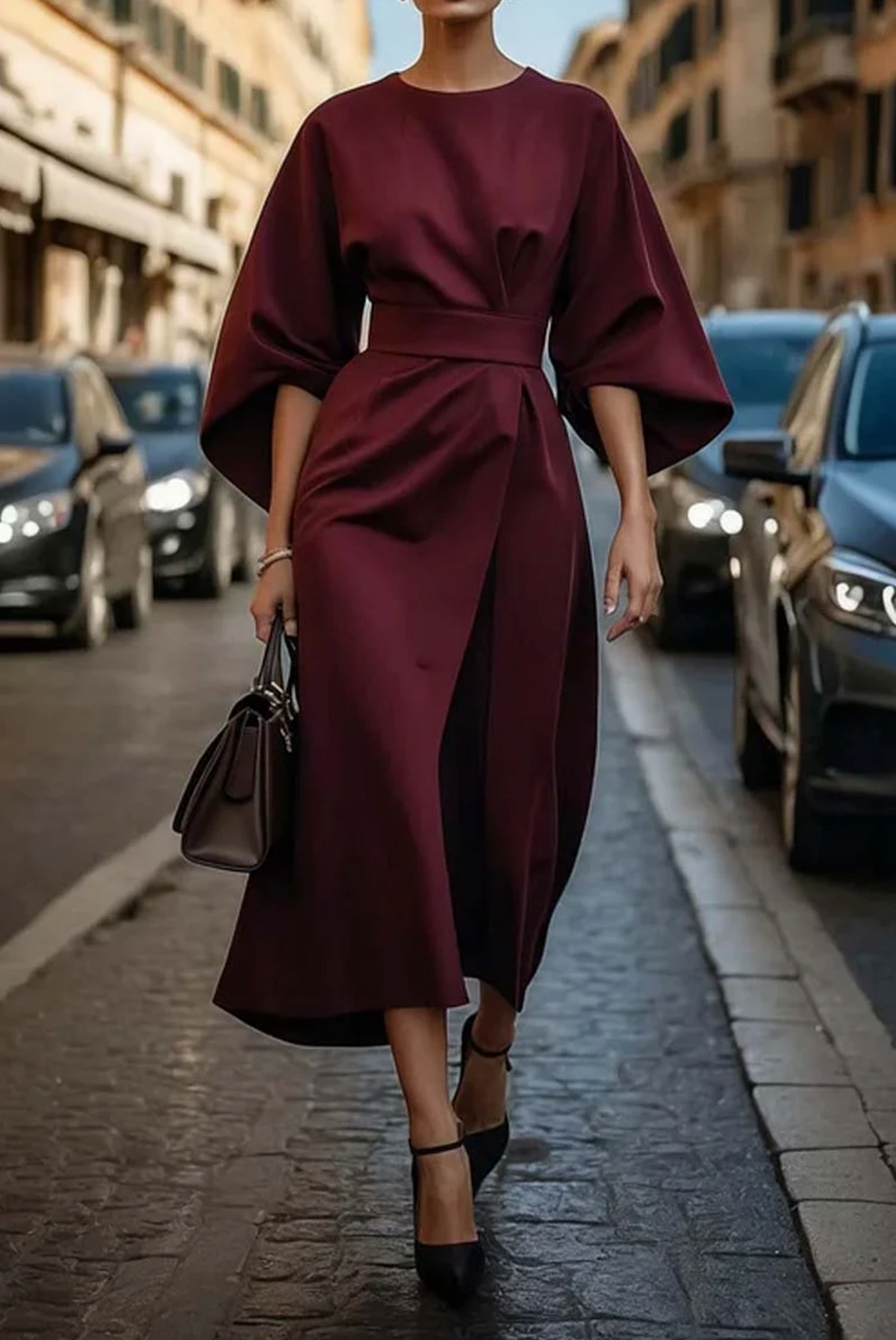 Louise Abito Elegante da Donna – Design Femminile con Maniche a Lanterna e Vita Regolabile
