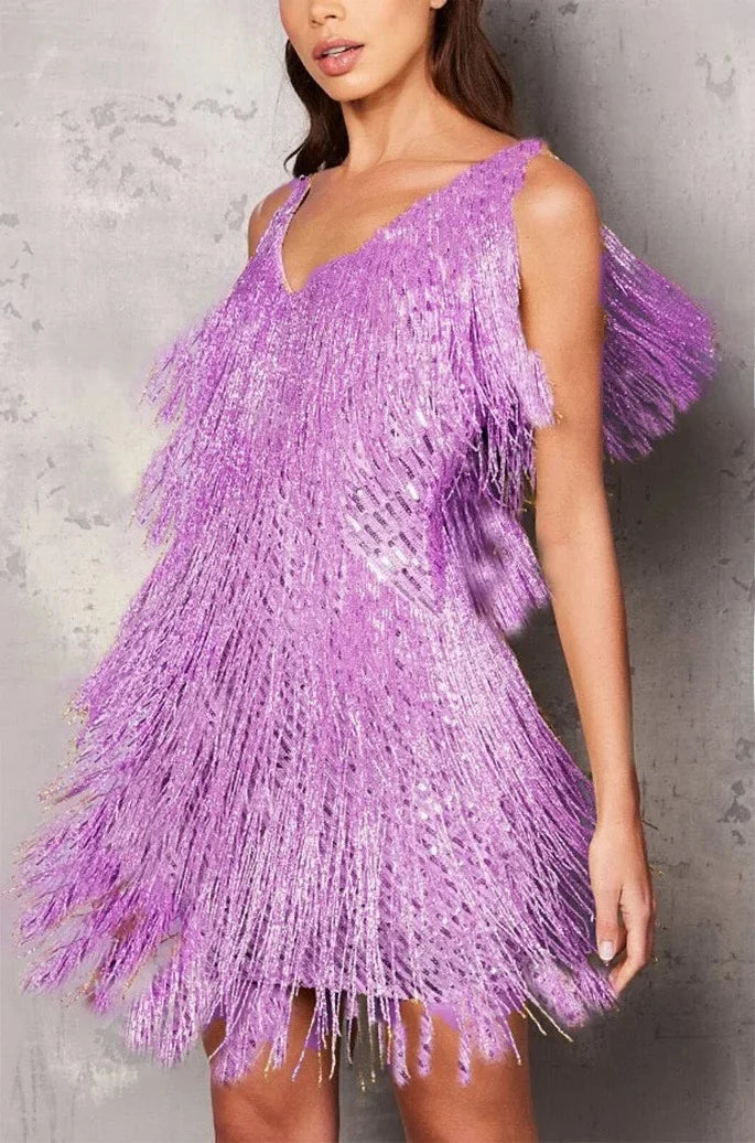 Elegante Abito da Cocktail da Donna con Frange e Piume