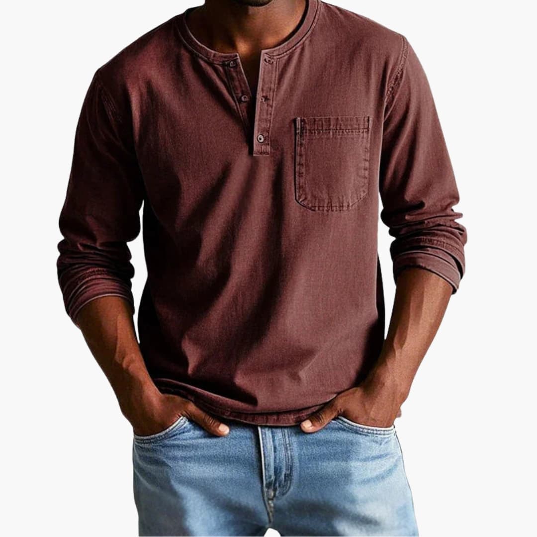 T-shirt da uomo a maniche lunghe con girocollo e taschino