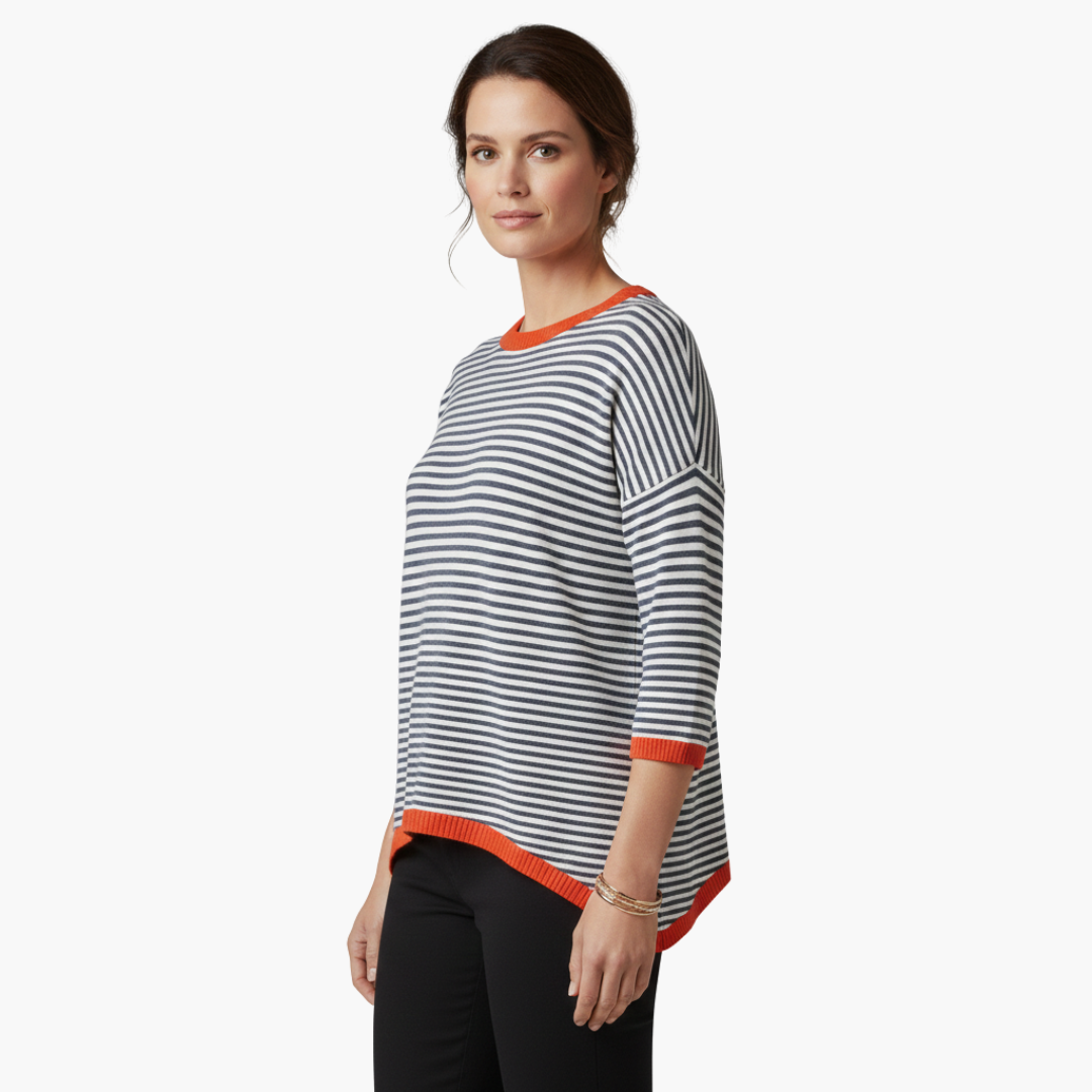 Top a righe a maniche lunghe da donna con bordo a contrasto