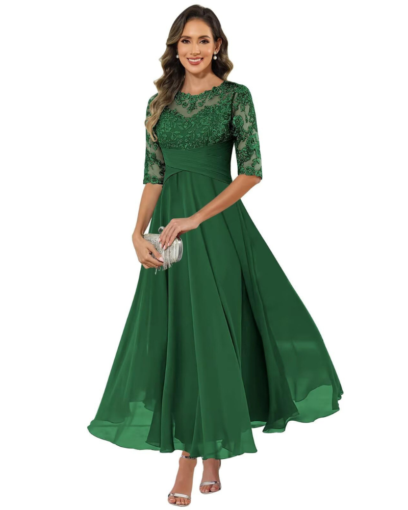 da Sera da Donna – Pizzo e Chiffon, Maniche a 3/4 e Elegante Taglio a Trapezio