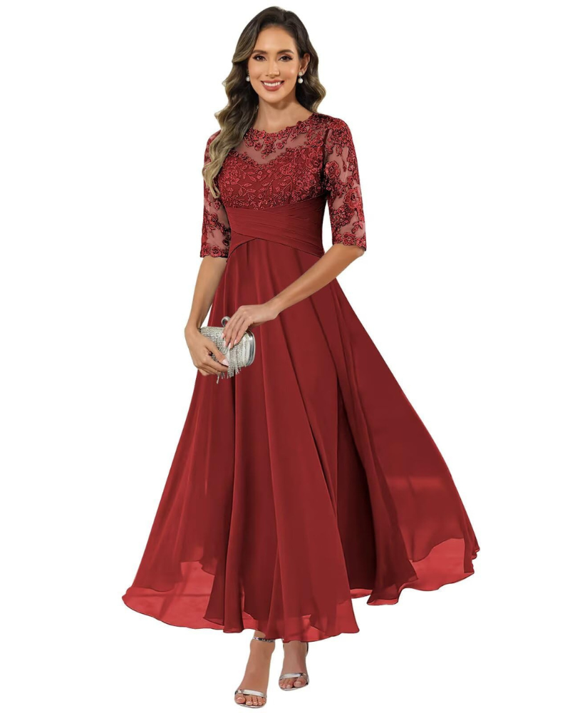da Sera da Donna – Pizzo e Chiffon, Maniche a 3/4 e Elegante Taglio a Trapezio