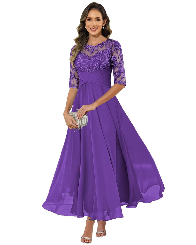da Sera da Donna – Pizzo e Chiffon, Maniche a 3/4 e Elegante Taglio a Trapezio