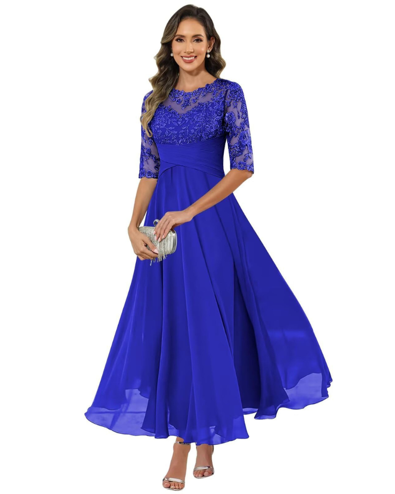 da Sera da Donna – Pizzo e Chiffon, Maniche a 3/4 e Elegante Taglio a Trapezio