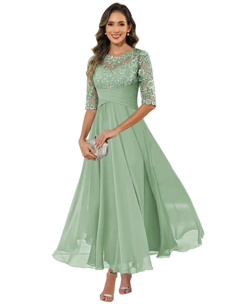 da Sera da Donna – Pizzo e Chiffon, Maniche a 3/4 e Elegante Taglio a Trapezio
