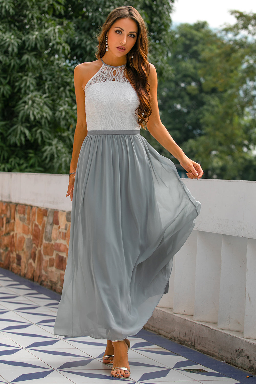 Abito Maxi Elegante con Scollo all'Americana per Invitata a Nozze