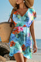 Vestito Copricostume da Spiaggia Semitrasparente con Scollo a V e Stampa Tropicale Celeste