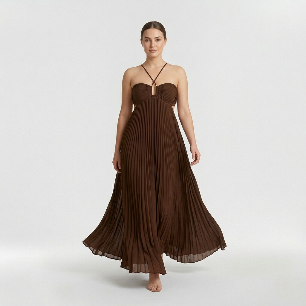 Abito maxi plissettato con scollo halter e schiena scoperta da donna