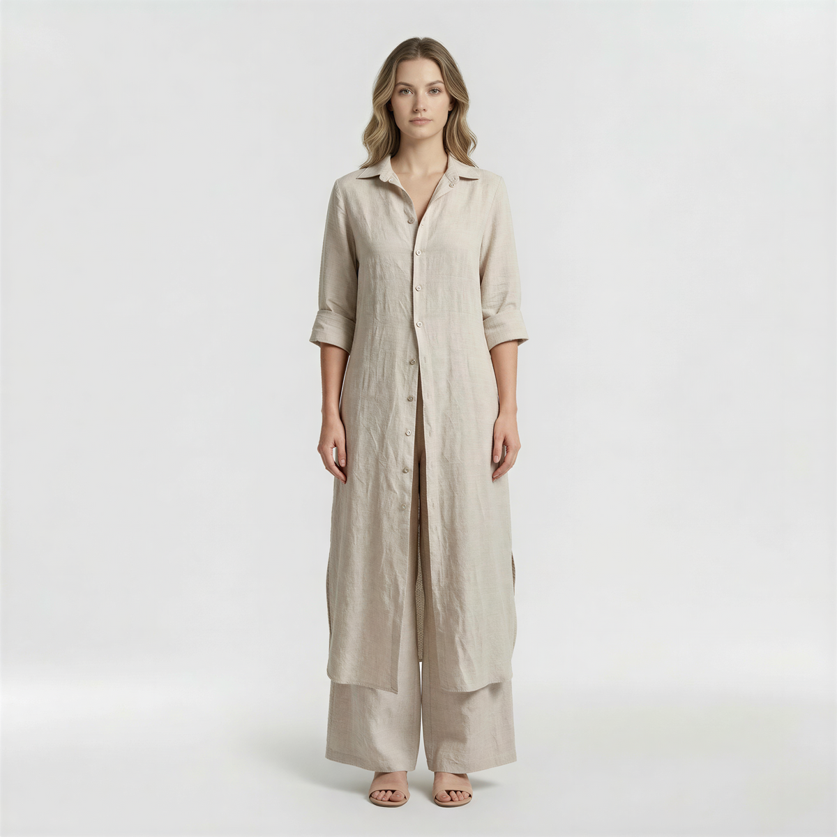 Completo Donna 2 Pezzi Camicia Lunga e Pantaloni in Cotone Set Casual Elegante