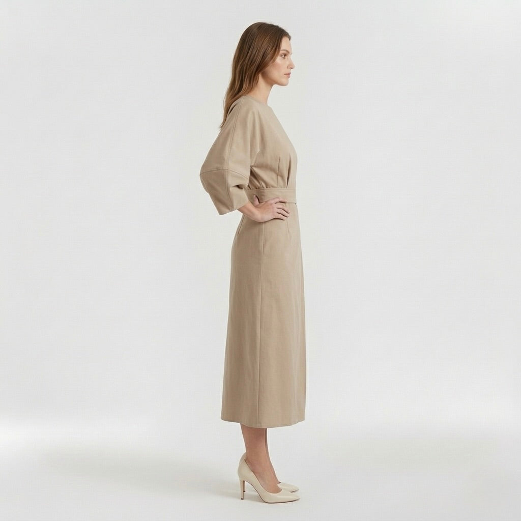 Abito Midi Elegante da Donna a Maniche Lunghe – Vestito Casual Chic con Cintura