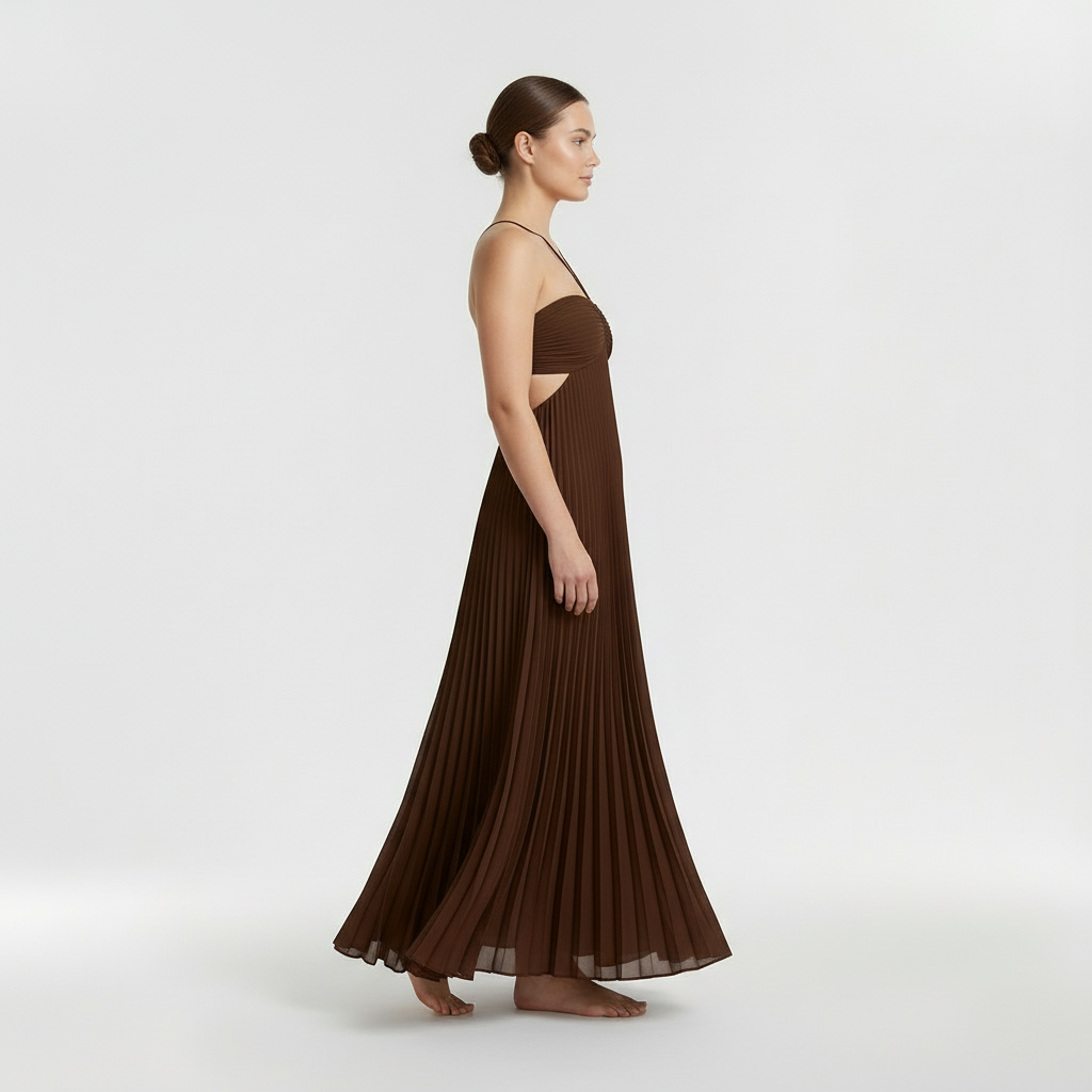 Abito maxi plissettato con scollo halter e schiena scoperta da donna