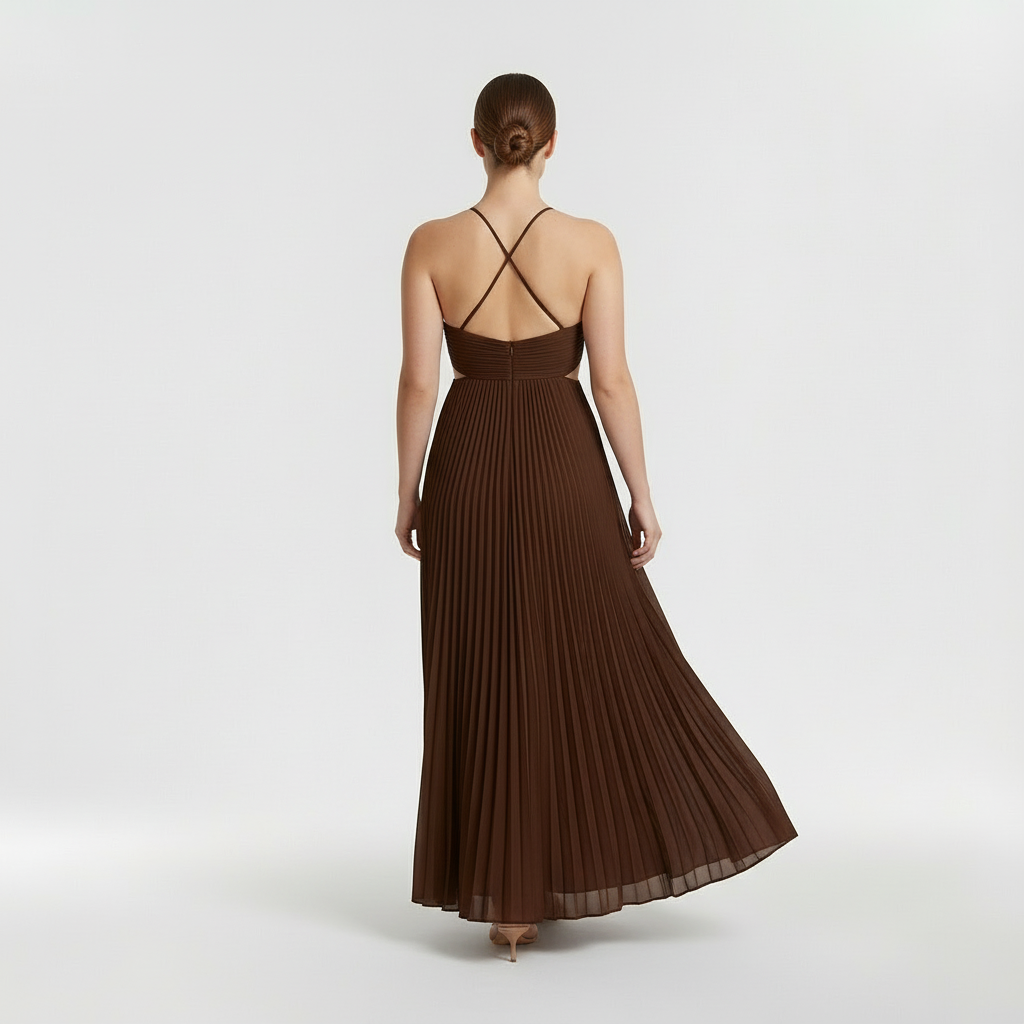 Abito maxi plissettato con scollo halter e schiena scoperta da donna