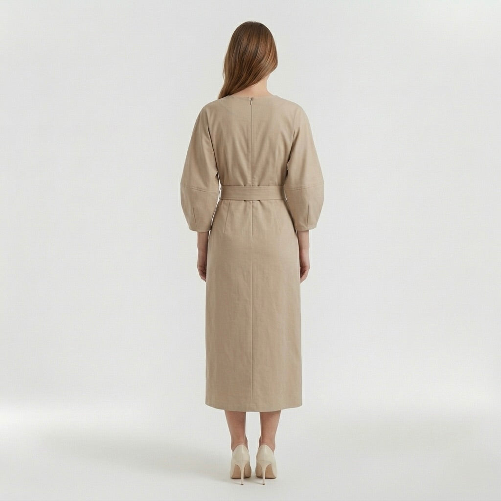 Abito Midi Elegante da Donna a Maniche Lunghe – Vestito Casual Chic con Cintura